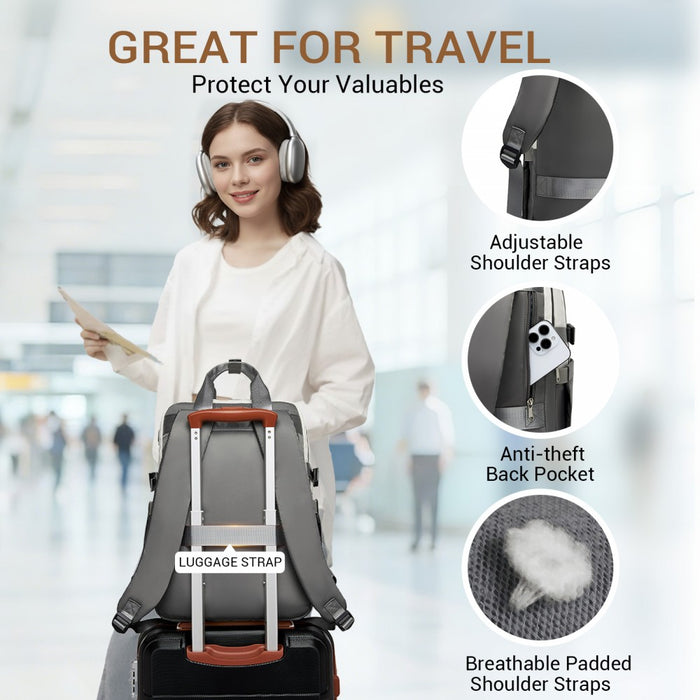 BPK2530 - Kono Spacious Water-Resistant Laptop Backpack for Travel & Commuting - 15.6" Padded Laptop Compartment, Reflective Strip - Beige and Grey