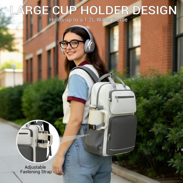 BPK2530 - Kono Spacious Water-Resistant Laptop Backpack for Travel & Commuting - 15.6" Padded Laptop Compartment, Reflective Strip - Beige and Grey