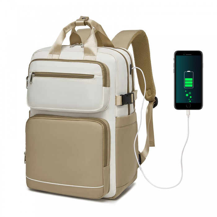 BPK2530 - Kono Spacious Water-Resistant Laptop Backpack for Travel & Commuting - 15.6" Padded Laptop Compartment, Reflective Strip - Beige and Khaki