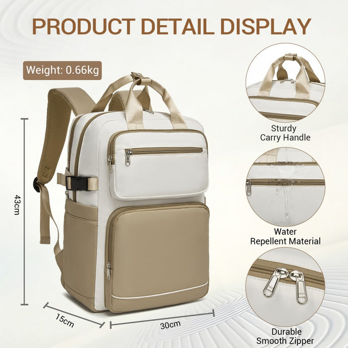 BPK2530 - Kono Spacious Water-Resistant Laptop Backpack for Travel & Commuting - 15.6" Padded Laptop Compartment, Reflective Strip - Beige and Khaki