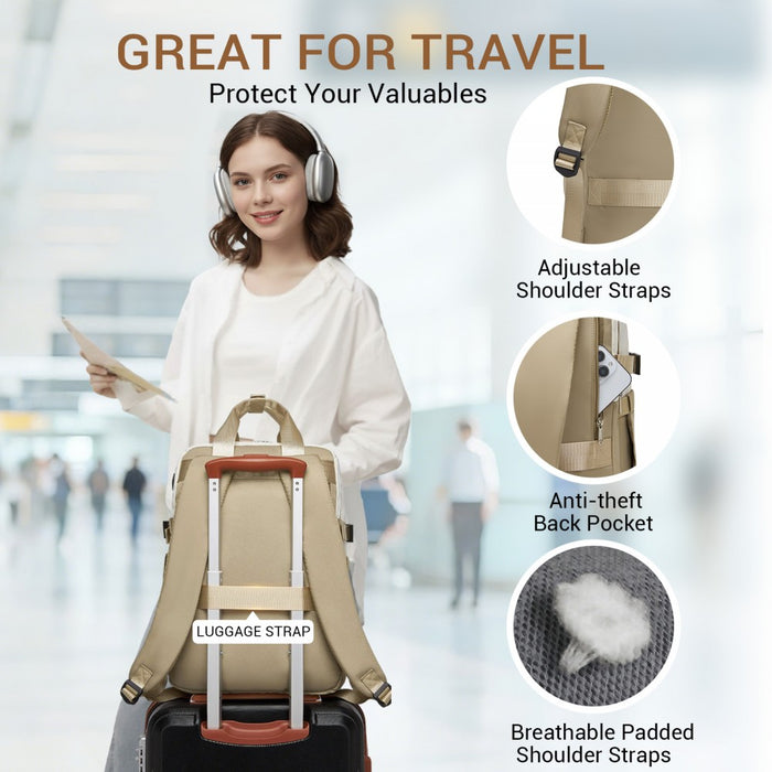 BPK2530 - Kono Spacious Water-Resistant Laptop Backpack for Travel & Commuting - 15.6" Padded Laptop Compartment, Reflective Strip - Beige and Khaki