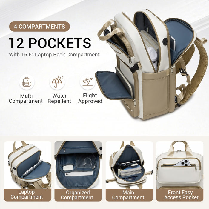 BPK2530 - Kono Spacious Water-Resistant Laptop Backpack for Travel & Commuting - 15.6" Padded Laptop Compartment, Reflective Strip - Beige and Khaki