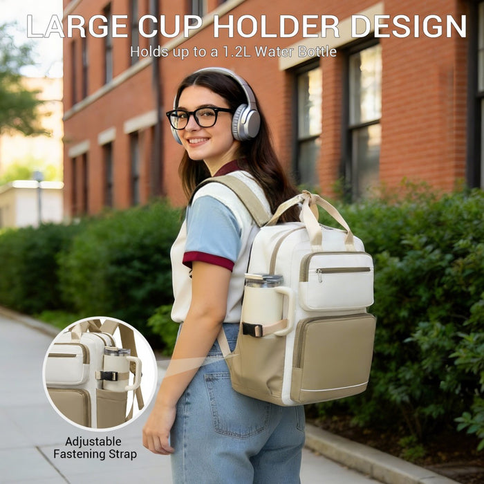 BPK2530 - Kono Spacious Water-Resistant Laptop Backpack for Travel & Commuting - 15.6" Padded Laptop Compartment, Reflective Strip - Beige and Khaki