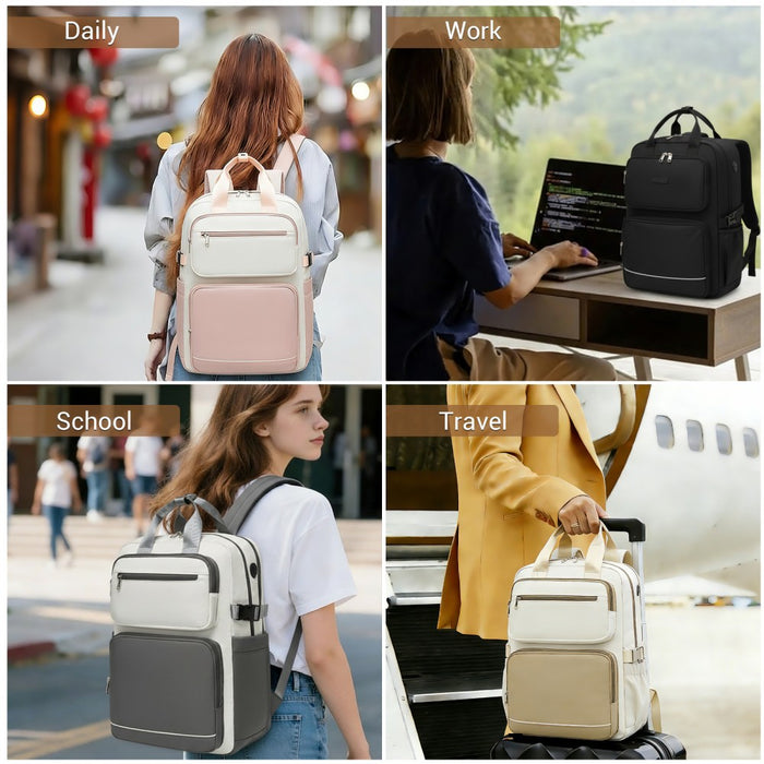 BPK2530 - Kono Spacious Water-Resistant Laptop Backpack for Travel & Commuting - 15.6" Padded Laptop Compartment, Reflective Strip - Beige and Pink