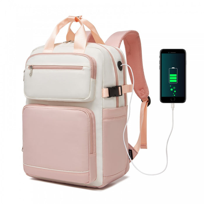 BPK2530 - Kono Spacious Water-Resistant Laptop Backpack for Travel & Commuting - 15.6" Padded Laptop Compartment, Reflective Strip - Beige and Pink