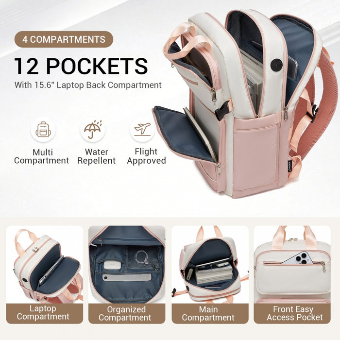 BPK2530 - Kono Spacious Water-Resistant Laptop Backpack for Travel & Commuting - 15.6" Padded Laptop Compartment, Reflective Strip - Beige and Pink