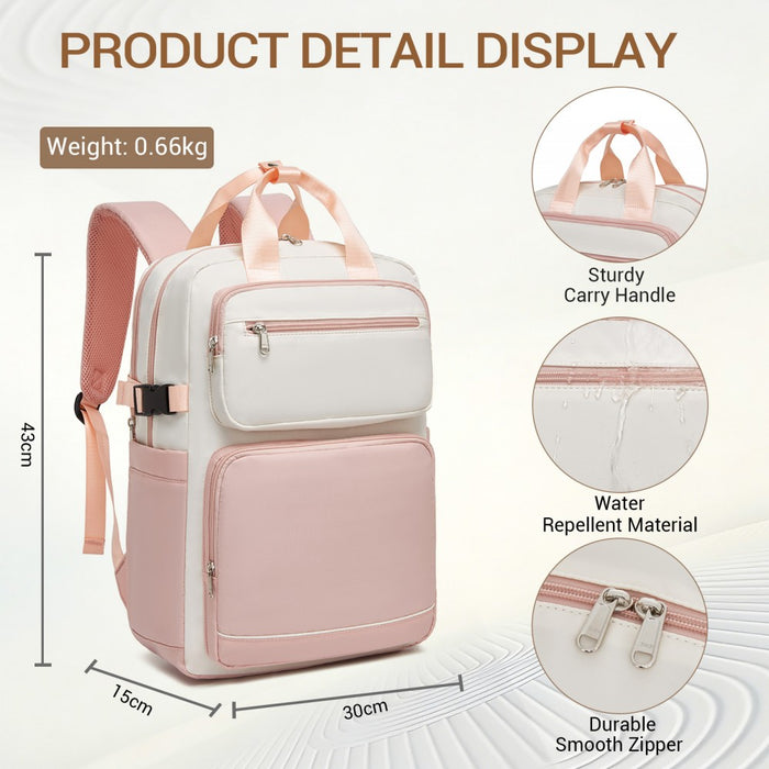 BPK2530 - Kono Spacious Water-Resistant Laptop Backpack for Travel & Commuting - 15.6" Padded Laptop Compartment, Reflective Strip - Beige and Pink