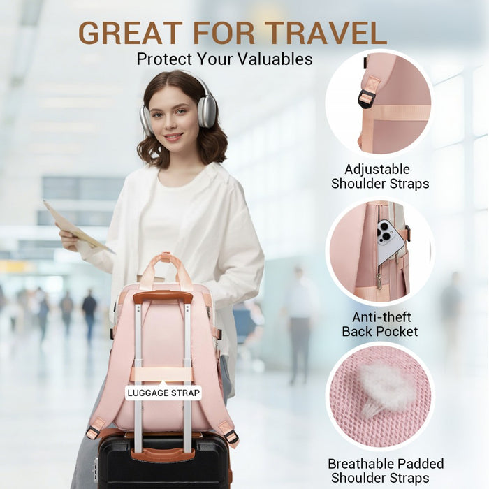 BPK2530 - Kono Spacious Water-Resistant Laptop Backpack for Travel & Commuting - 15.6" Padded Laptop Compartment, Reflective Strip - Beige and Pink