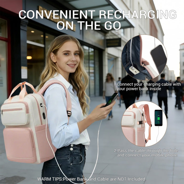 BPK2530 - Kono Spacious Water-Resistant Laptop Backpack for Travel & Commuting - 15.6" Padded Laptop Compartment, Reflective Strip - Beige and Pink