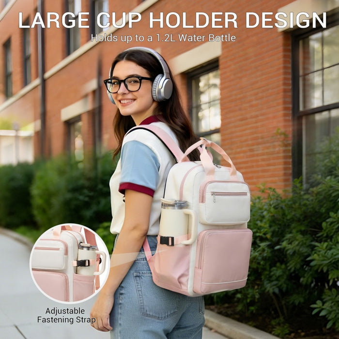 BPK2530 - Kono Spacious Water-Resistant Laptop Backpack for Travel & Commuting - 15.6" Padded Laptop Compartment, Reflective Strip - Beige and Pink