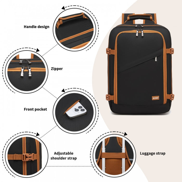 BPK2551 - Kono Flexible Cabin Backpack 30×20×40-Fits 15.6" Laptop, Clamshell Access-Great for Holidays, Work Trips & Commuting - Black and Brown