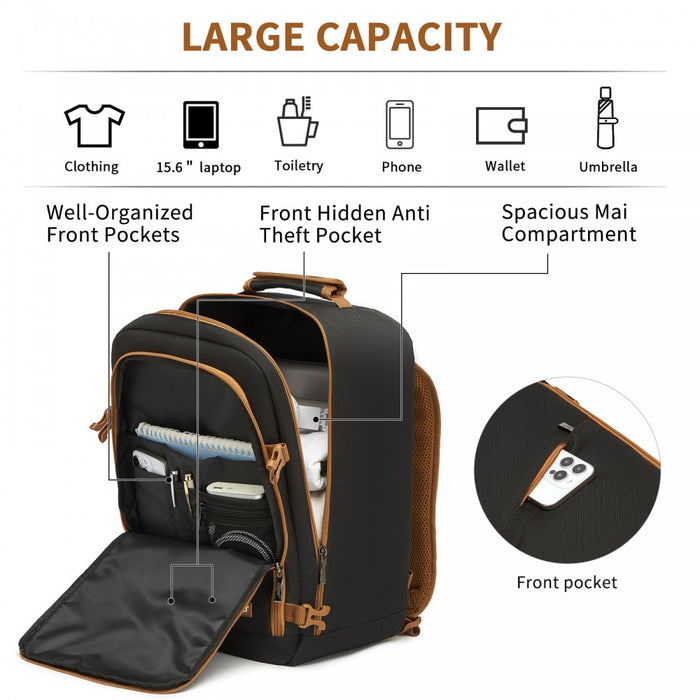 BPK2551 - Kono Flexible Cabin Backpack 30×20×40-Fits 15.6" Laptop, Clamshell Access-Great for Holidays, Work Trips & Commuting - Black and Brown