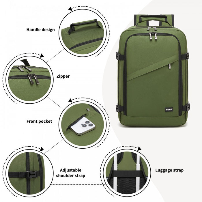 BPK2551 - Kono Flexible Cabin Backpack 30×20×40-Fits 15.6" Laptop, Clamshell Access-Great for Holidays, Work Trips & Commuting - Green