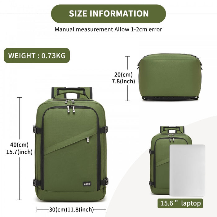 BPK2551 - Kono Flexible Cabin Backpack 30×20×40-Fits 15.6" Laptop, Clamshell Access-Great for Holidays, Work Trips & Commuting - Green