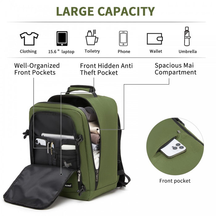 BPK2551 - Kono Flexible Cabin Backpack 30×20×40-Fits 15.6" Laptop, Clamshell Access-Great for Holidays, Work Trips & Commuting - Green