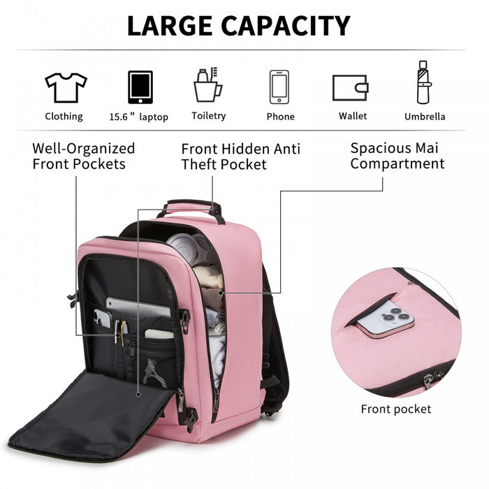 BPK2551 - Kono Flexible Cabin Backpack 30×20×40-Fits 15.6" Laptop, Clamshell Access-Great for Holidays, Work Trips & Commuting - Pink