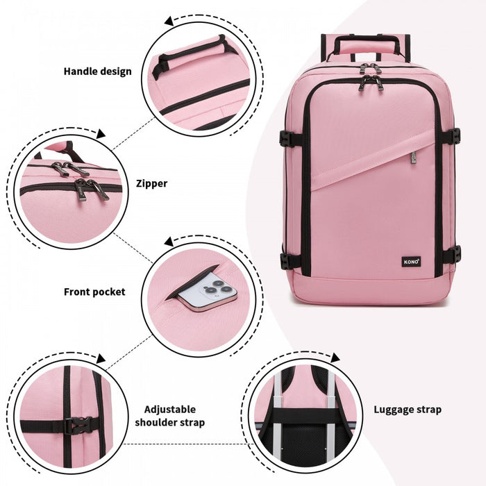 BPK2551 - Kono Flexible Cabin Backpack 30×20×40-Fits 15.6" Laptop, Clamshell Access-Great for Holidays, Work Trips & Commuting - Pink