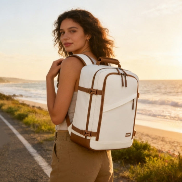 BPK2565 - Kono Colour-Block Organised Cabin Backpack 40×30×20 – Spacious, Clamshell, 15.6″ Laptop, Travel & Commute Ready - Beige and Brown