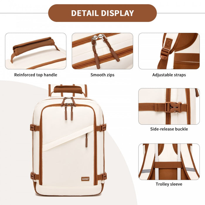BPK2565 - Kono Colour-Block Organised Cabin Backpack 40×30×20 – Spacious, Clamshell, 15.6″ Laptop, Travel & Commute Ready - Beige and Brown