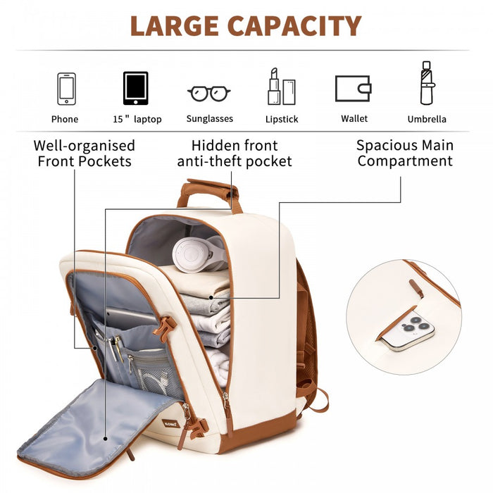BPK2565 - Kono Colour-Block Organised Cabin Backpack 40×30×20 – Spacious, Clamshell, 15.6″ Laptop, Travel & Commute Ready - Beige and Brown