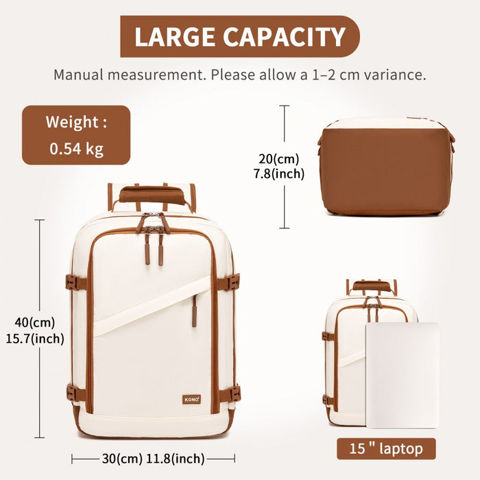 BPK2565 - Kono Colour-Block Organised Cabin Backpack 40×30×20 – Spacious, Clamshell, 15.6″ Laptop, Travel & Commute Ready - Beige and Brown
