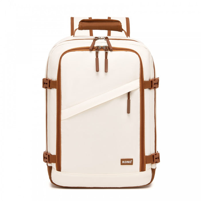 BPK2565 - Kono Colour-Block Organised Cabin Backpack 40×30×20 – Spacious, Clamshell, 15.6″ Laptop, Travel & Commute Ready - Beige and Brown