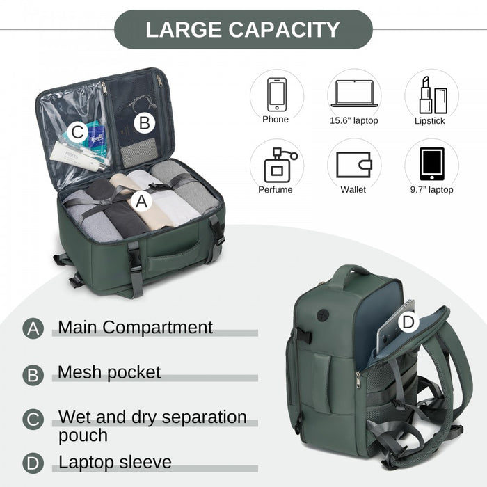 BPK2601- Kono Cabin Travel Backpack 40×20×30 cm – Water-Resistant, Multi-Compartment, Padded Laptop, Anti-Theft, Carry-On Tote - Green