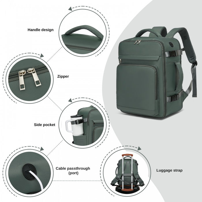 BPK2601- Kono Cabin Travel Backpack 40×20×30 cm – Water-Resistant, Multi-Compartment, Padded Laptop, Anti-Theft, Carry-On Tote - Green