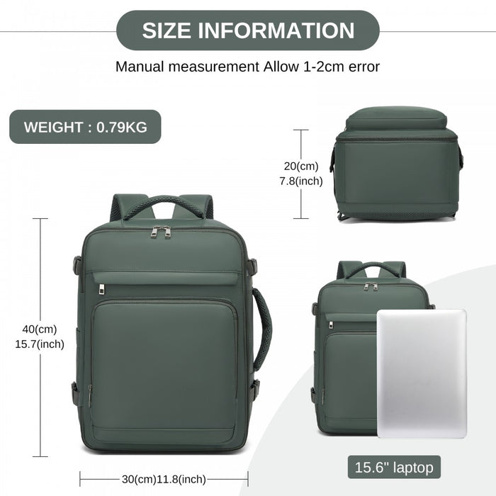 BPK2601- Kono Cabin Travel Backpack 40×20×30 cm – Water-Resistant, Multi-Compartment, Padded Laptop, Anti-Theft, Carry-On Tote - Green