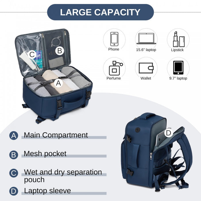 BPK2601- Kono Cabin Travel Backpack 40×20×30 cm – Water-Resistant, Multi-Compartment, Padded Laptop, Anti-Theft, Carry-On Tote - Navy