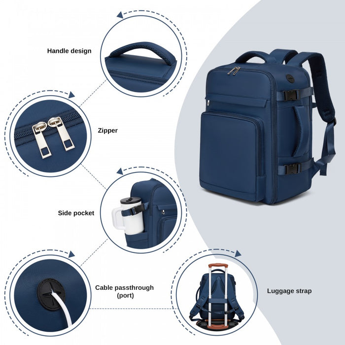 BPK2601- Kono Cabin Travel Backpack 40×20×30 cm – Water-Resistant, Multi-Compartment, Padded Laptop, Anti-Theft, Carry-On Tote - Navy
