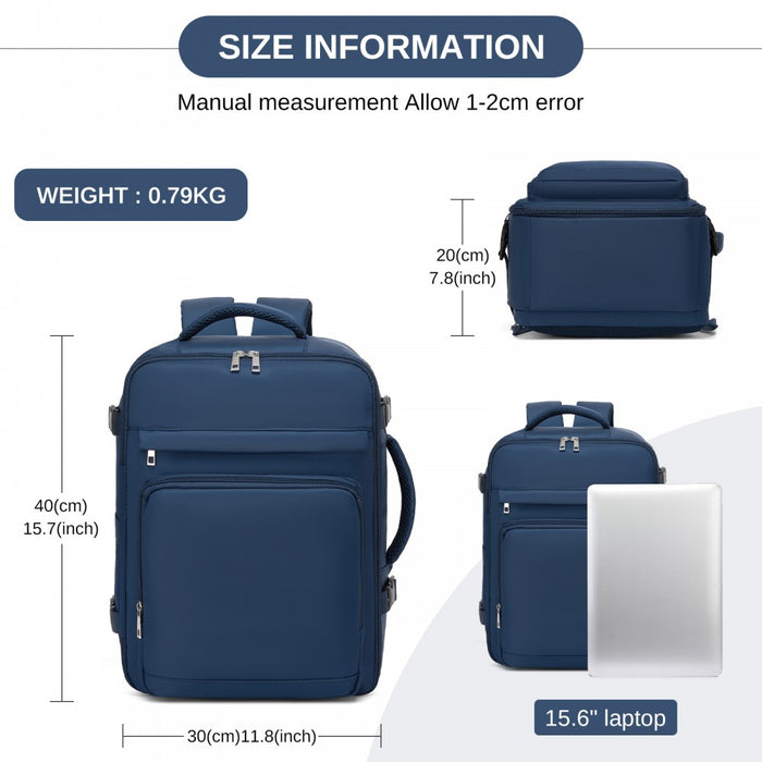 BPK2601- Kono Cabin Travel Backpack 40×20×30 cm – Water-Resistant, Multi-Compartment, Padded Laptop, Anti-Theft, Carry-On Tote - Navy