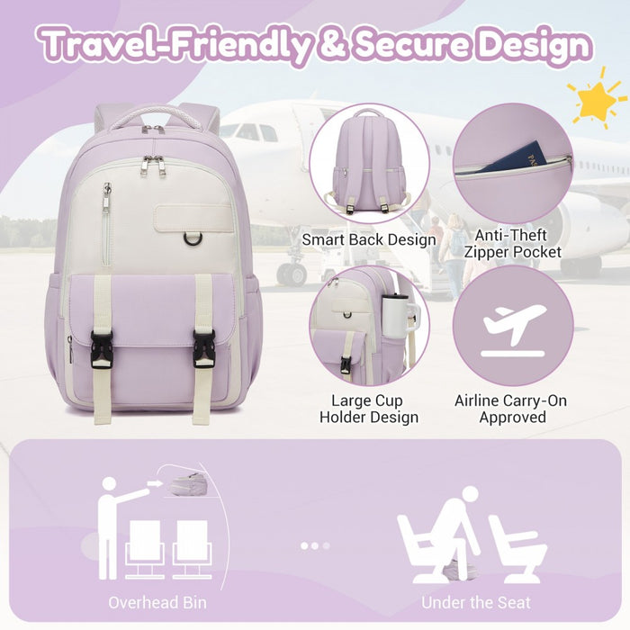 BPK2605 - KONO Durable Water-Resistant Kids Backpack with Padded Laptop Sleeve and Multi-Pocket Organization for School - Purple and Beige