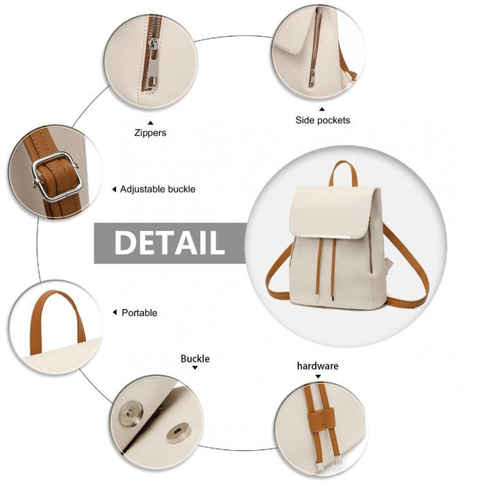 BPM2427 - Miss Lulu Stylish Faux Leather Backpack Secure Daypack with Magnetic Snap Closure Fashionable PU Leather Travel Bag - Beige And Brown