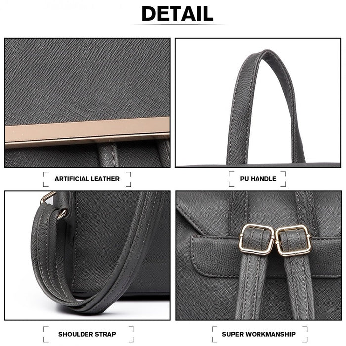 BPM2427 - Miss Lulu Stylish Faux Leather Backpack Secure Daypack with Magnetic Snap Closure Fashionable PU Leather Travel Bag - Grey