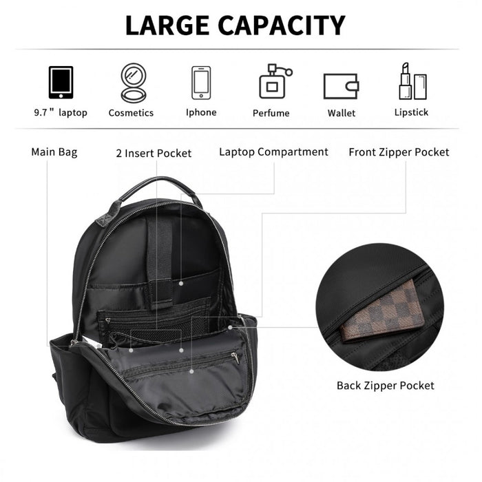 BPM2431 - Miss Lulu Stylish Backpack with Laptop Sleeve and Multiple Pockets and Trolley Sleeve - Black