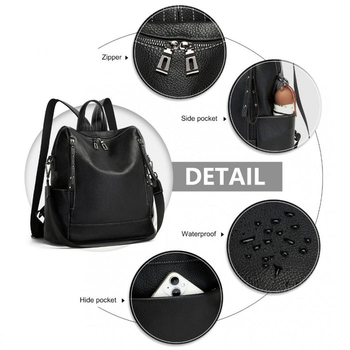 BPM2438 - Miss Lulu Women's Convertible PU Leather Backpack & Shoulder Bag – Versatile 2-in-1 Design - Black