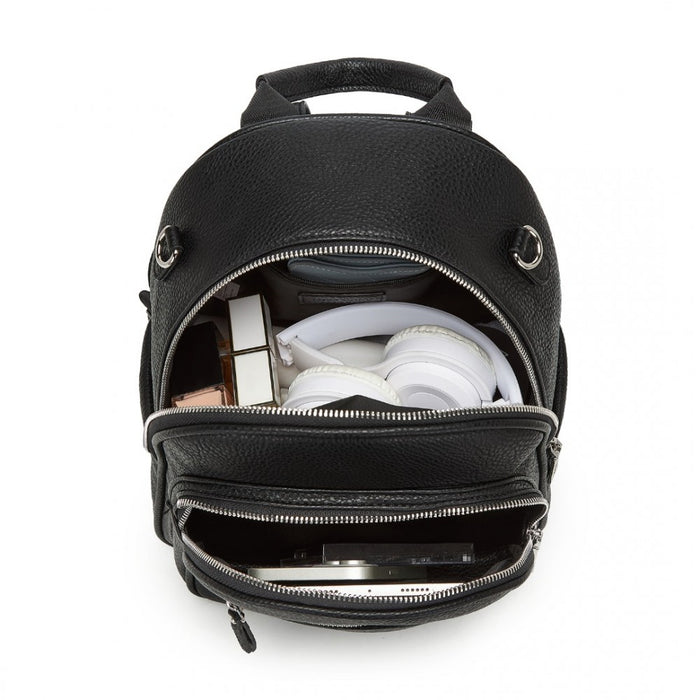 BPM2453 - Miss Lulu PU Leather Convertible Backpack Crossbody Bag - Lightweight Anti-Theft Daypack with Multiple Pockets - Black