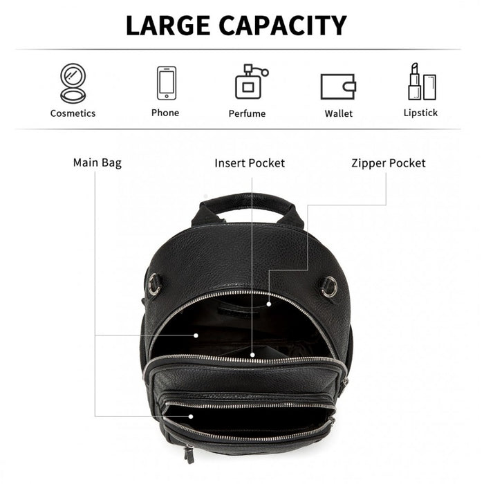 BPM2453 - Miss Lulu PU Leather Convertible Backpack Crossbody Bag - Lightweight Anti-Theft Daypack with Multiple Pockets - Black