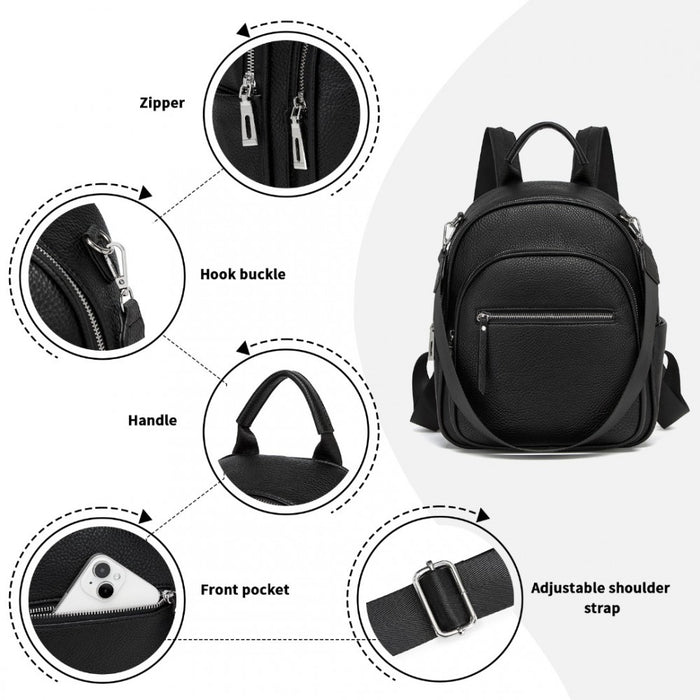 BPM2453 - Miss Lulu PU Leather Convertible Backpack Crossbody Bag - Lightweight Anti-Theft Daypack with Multiple Pockets - Black