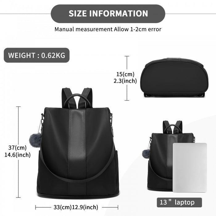 BPM2516 - Miss Lulu Stylish Anti-Theft Convertible Backpack with Spacious Back-Zip Compartment for Commuting & Daily Use - Black