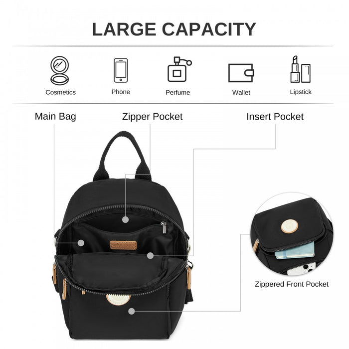 BPM2651 - Miss Lulu 3-in-1 Convertible Backpack with Removable Long Strap - Wear as Backpack, Shoulder or Crossbody Bag - Black