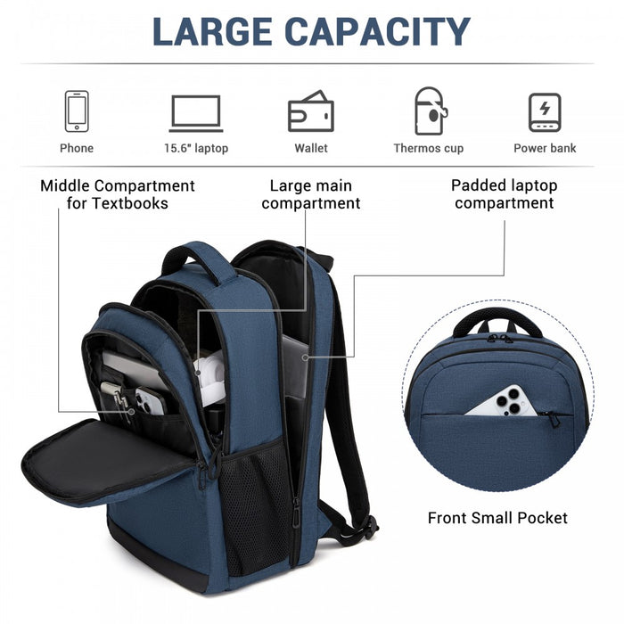 BPN2607 - Trendy Laptop Backpack,Soft Padded,Practical,Organized Storage,Lightweight 15.6" Notebook Bag for Work, School & Travel - Navy