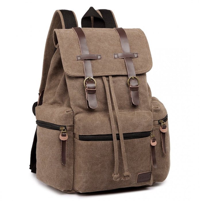 E1672 - Kono Large Multi Function Leather Details Canvas Backpack - Coffee