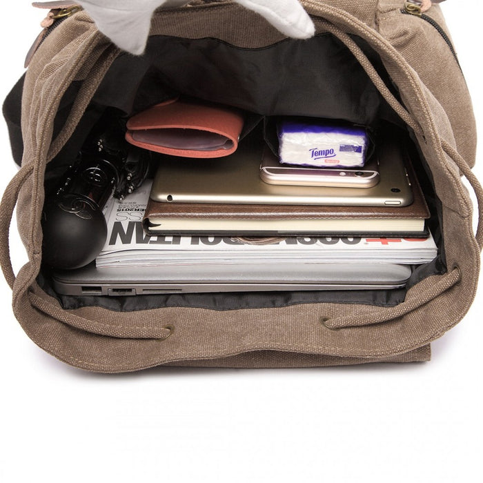 E1672 - Kono Large Multi Function Leather Details Canvas Backpack - Coffee