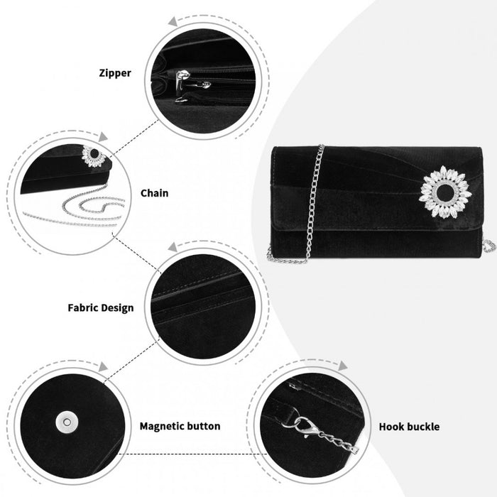 CLM2457 - Miss Lulu Elegant Velvet Evening Clutch with Crystal Ring & Detachable Chain Strap - Versatile Shoulder or Handheld Bag - Black