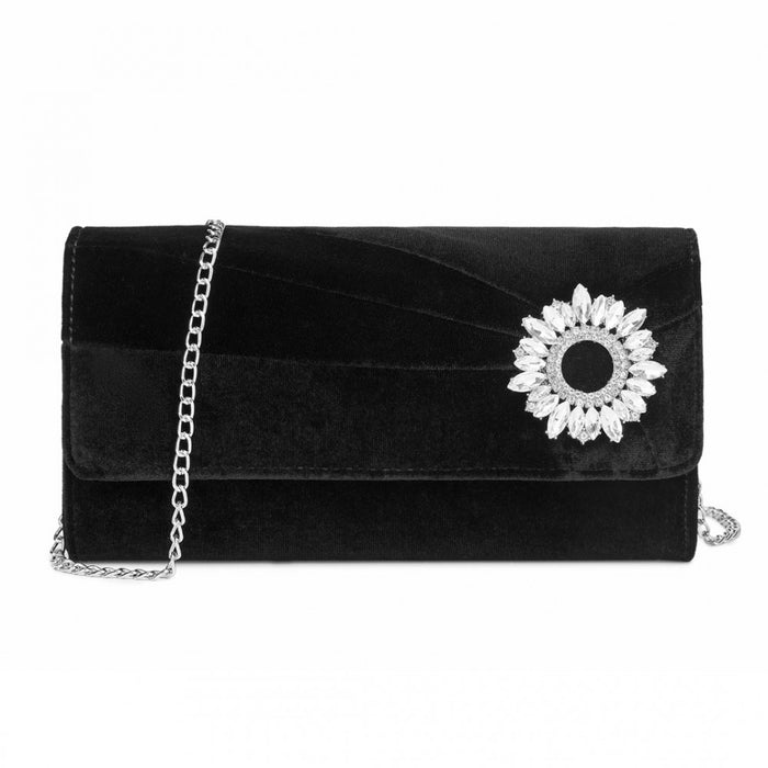 CLM2457 - Miss Lulu Elegant Velvet Evening Clutch with Crystal Ring & Detachable Chain Strap - Versatile Shoulder or Handheld Bag - Black