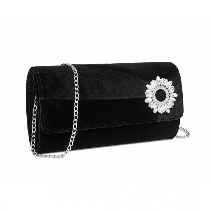 CLM2457 - Miss Lulu Elegant Velvet Evening Clutch with Crystal Ring & Detachable Chain Strap - Versatile Shoulder or Handheld Bag - Black