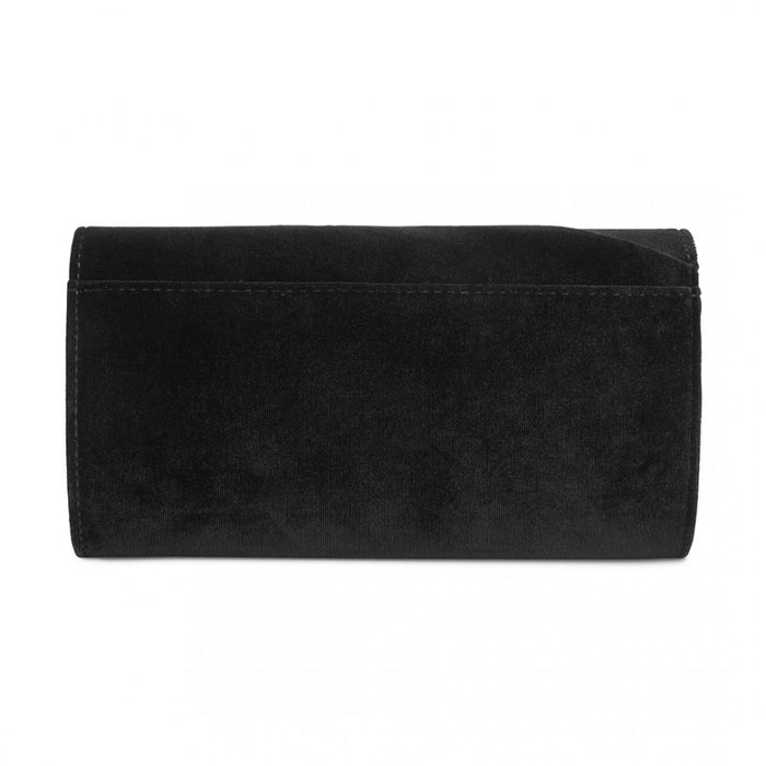 CLM2457 - Miss Lulu Elegant Velvet Evening Clutch with Crystal Ring & Detachable Chain Strap - Versatile Shoulder or Handheld Bag - Black