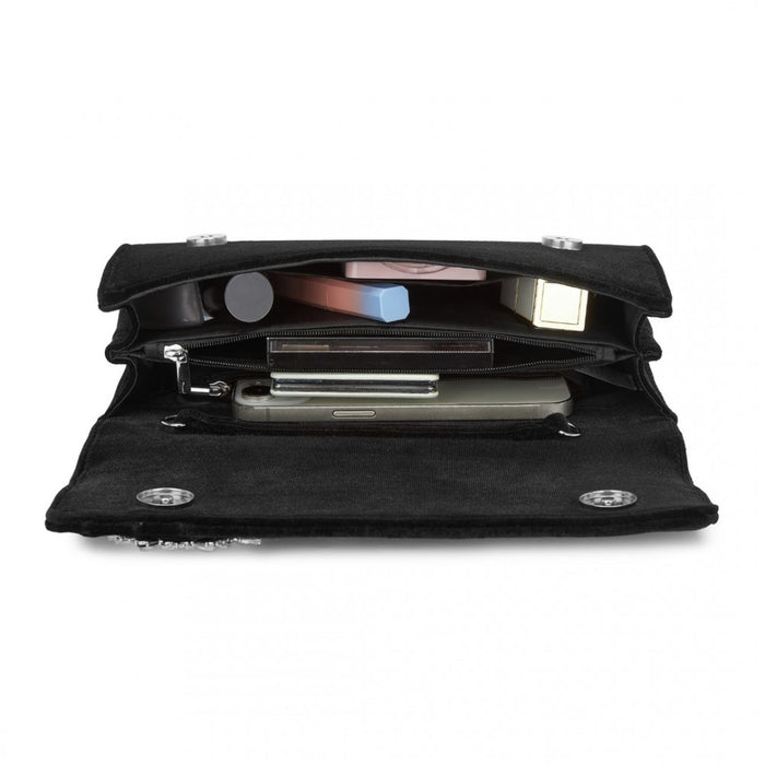 CLM2457 - Miss Lulu Elegant Velvet Evening Clutch with Crystal Ring & Detachable Chain Strap - Versatile Shoulder or Handheld Bag - Black